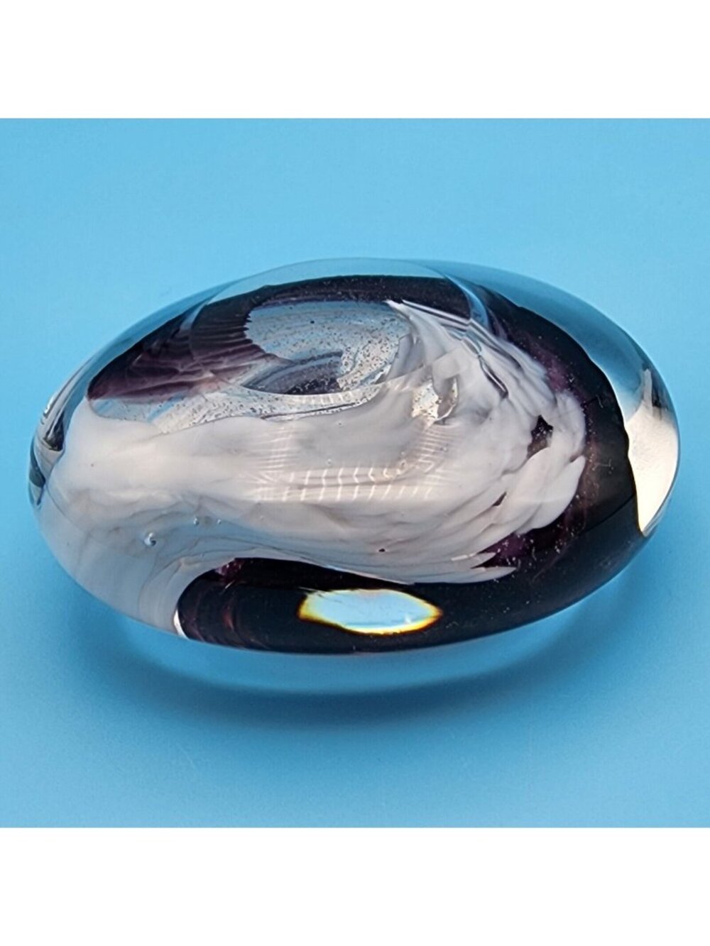 Egermann Czech Republic Art Glass Paperweight Gold Foil Label Purple Swirls